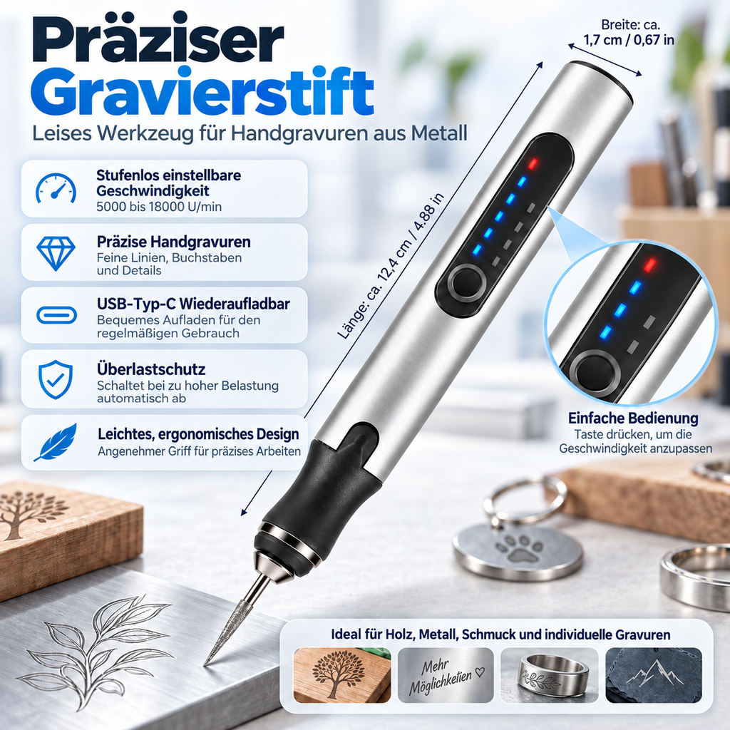 Presisjonsgraveringspenn for smykker — USB-oppladbar, stillegående