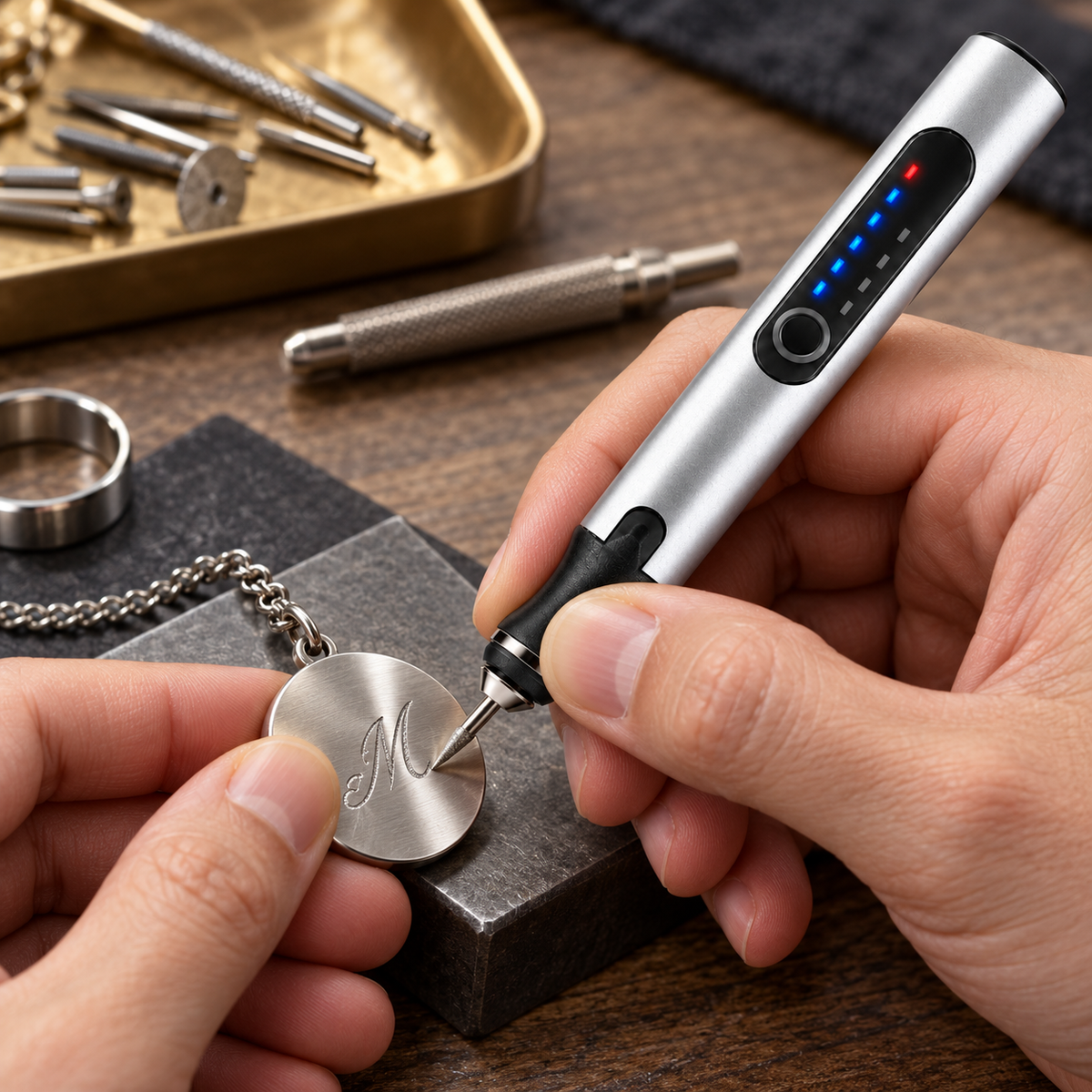 Presisjonsgraveringspenn for smykker — USB-oppladbar, stillegående