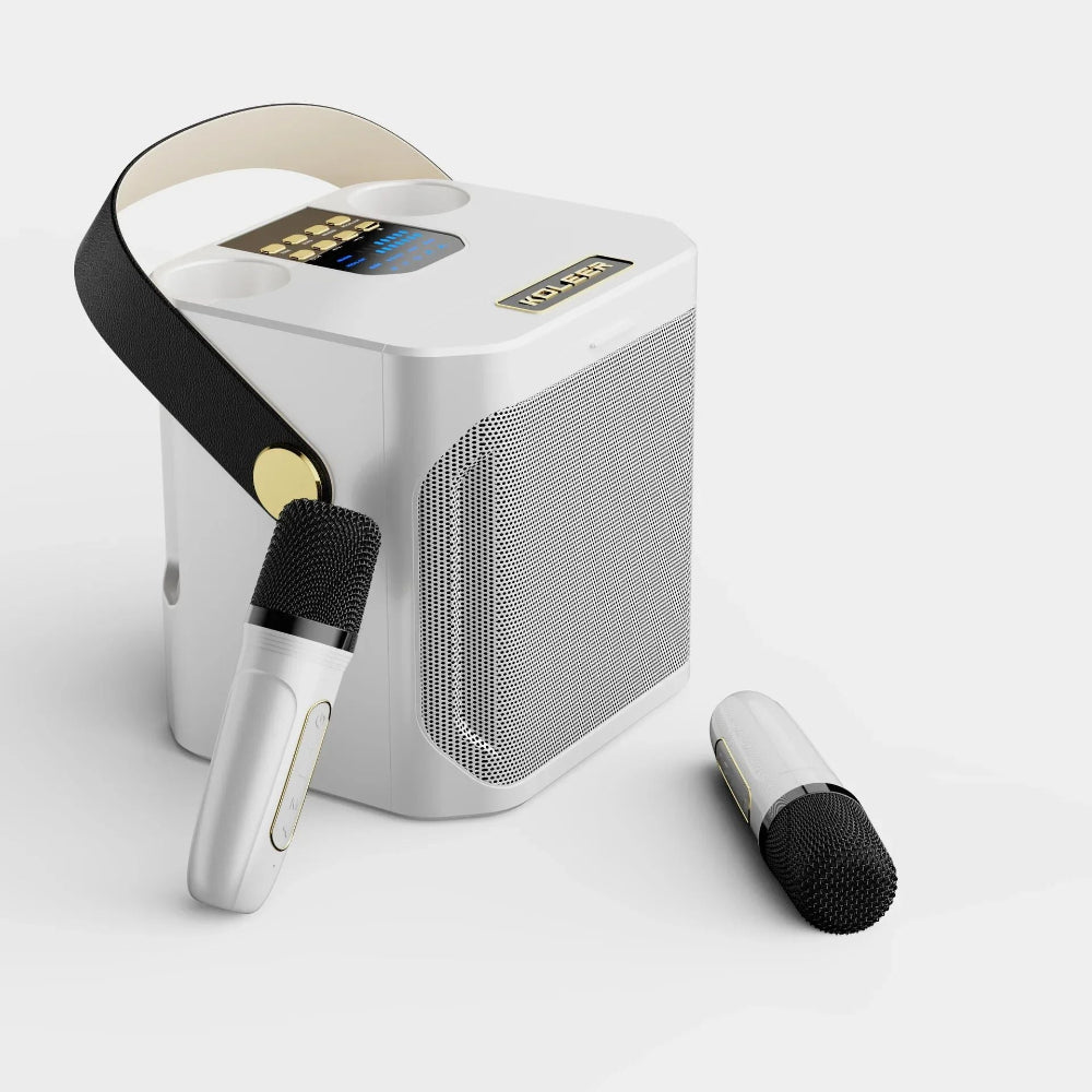 Bærbart karaokesystem med to trådløse mikrofoner og 360° lyd – ideelt for fester innendørs og utendørs - Esilora