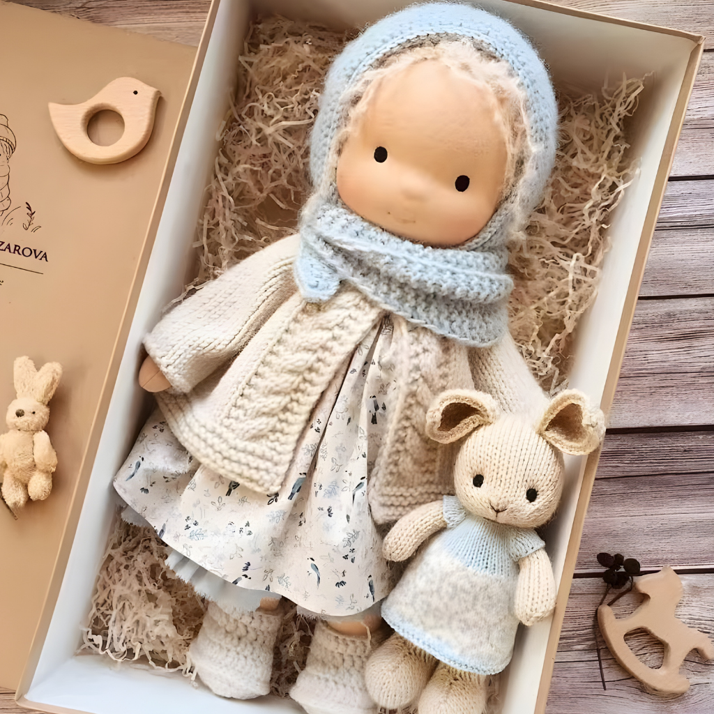 Käsintehty pehmeästä kankaasta valmistettu leikkikalu-nukke — luovuutta ja turvaa lapsille