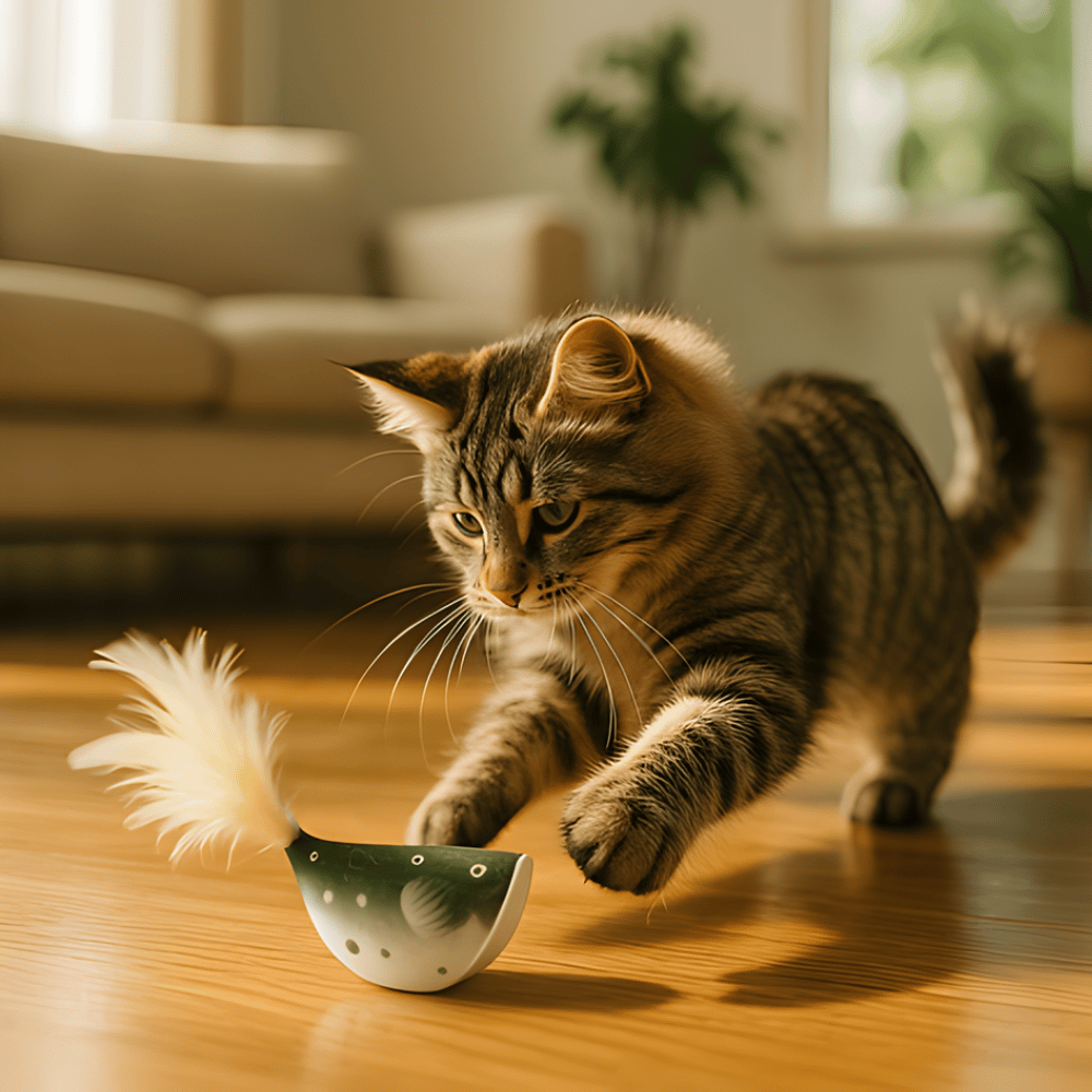 PurrFluff hračka s šantou kočičí na zabavení - váleček s peříčky a rolničkou pro koťata