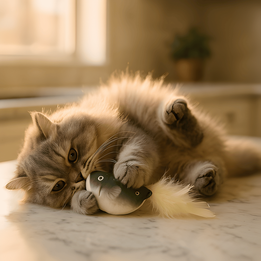 PurrFluff hračka s šantou kočičí na zabavení - váleček s peříčky a rolničkou pro koťata