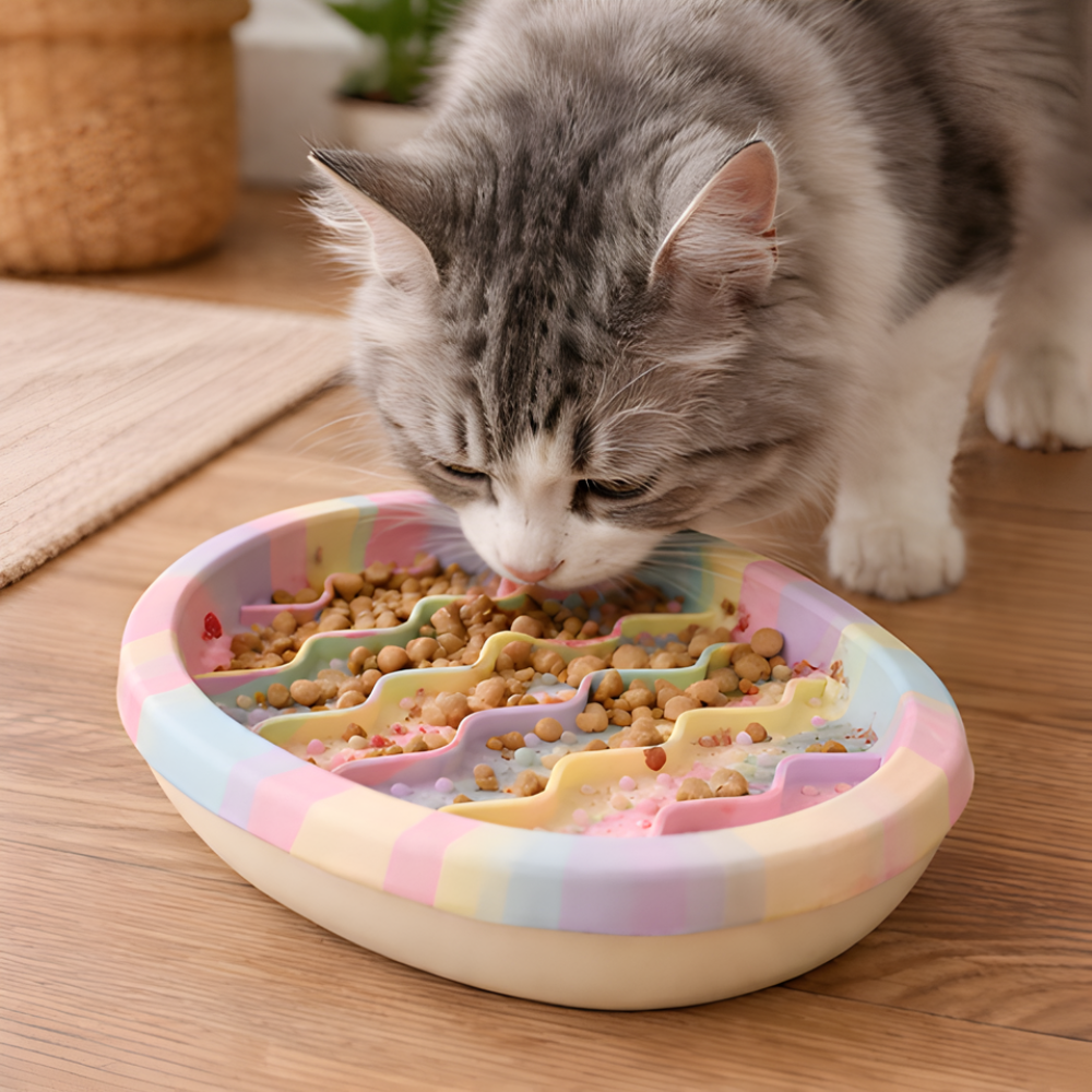 PurrMaze miska spowalniająca jedzenie dla kota — wypukłe rowki, płytka konstrukcja