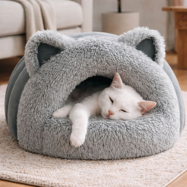 CozyBurrow Enclosed Plush Cave Bed for Cats and Small Dogs