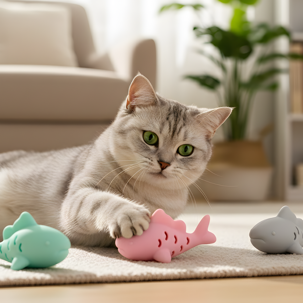 PurrPuzzle fiskformad godisdispenser — Interaktiv rullande pusselleksak för katter