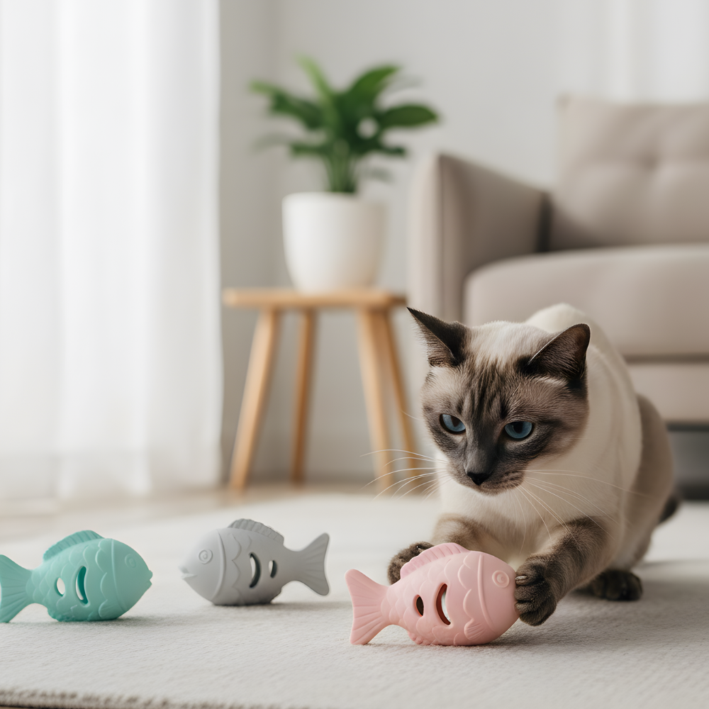 PurrPuzzle fiskformad godisdispenser — Interaktiv rullande pusselleksak för katter