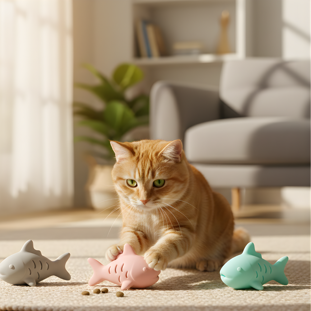 PurrPuzzle fiskformad godisdispenser — Interaktiv rullande pusselleksak för katter
