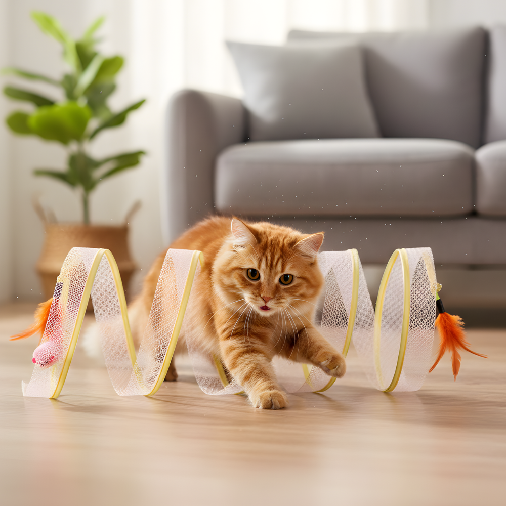 PurrSpiral interaktiv vårtunnel för katter — Fjäderleksaker