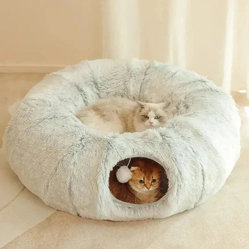 PurrTunnel puszyste legowisko-tunel dla kota — pluszowy wypoczynek w kształcie pączka