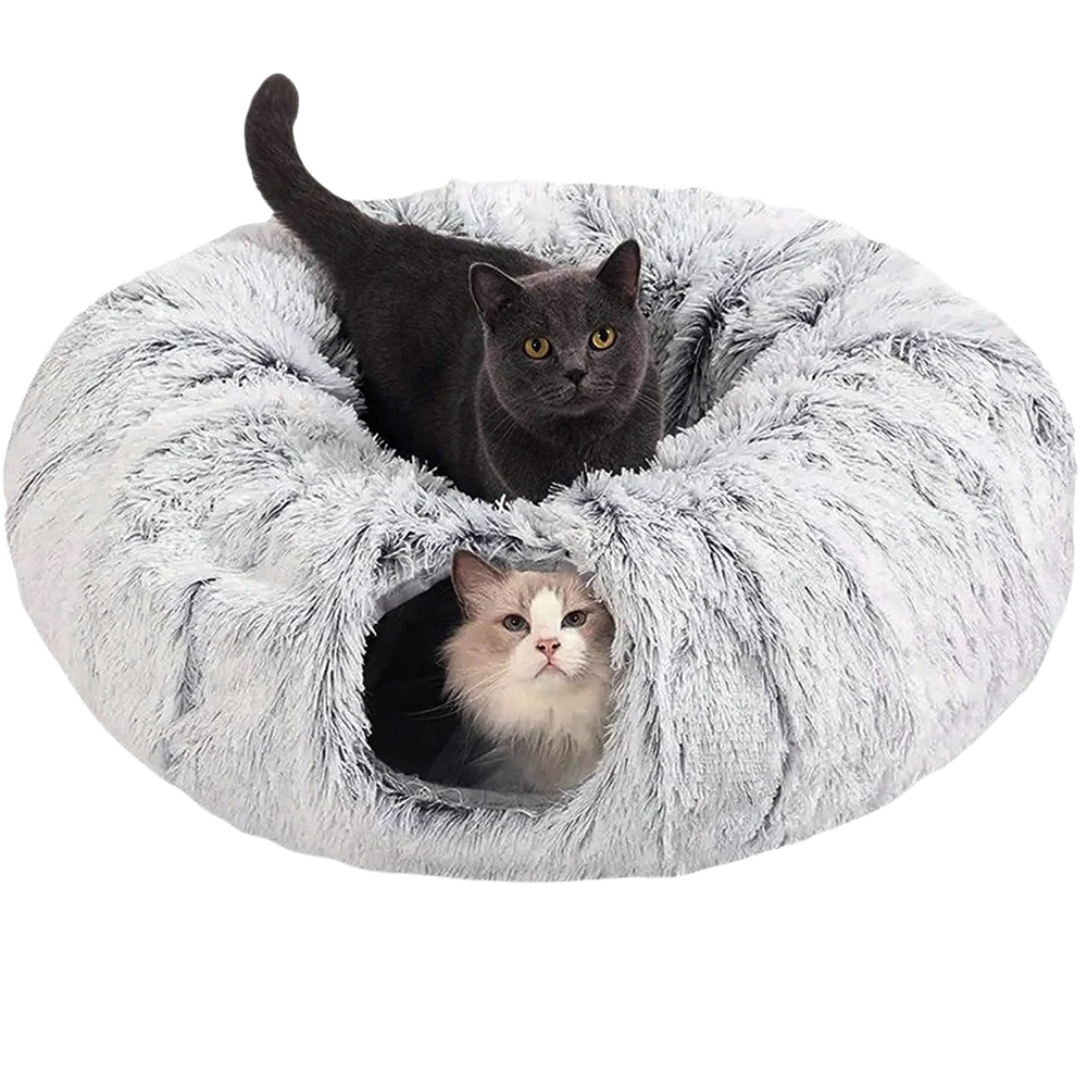 PurrTunnel puszyste legowisko-tunel dla kota — pluszowy wypoczynek w kształcie pączka