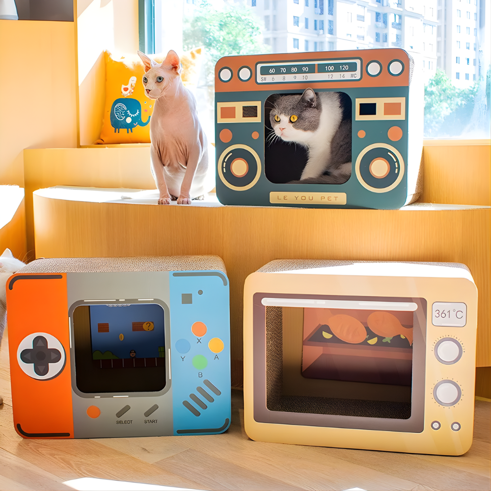 RetroDen Cardboard Cat Hideaway — Enclosed Lounge & Scratch Pad