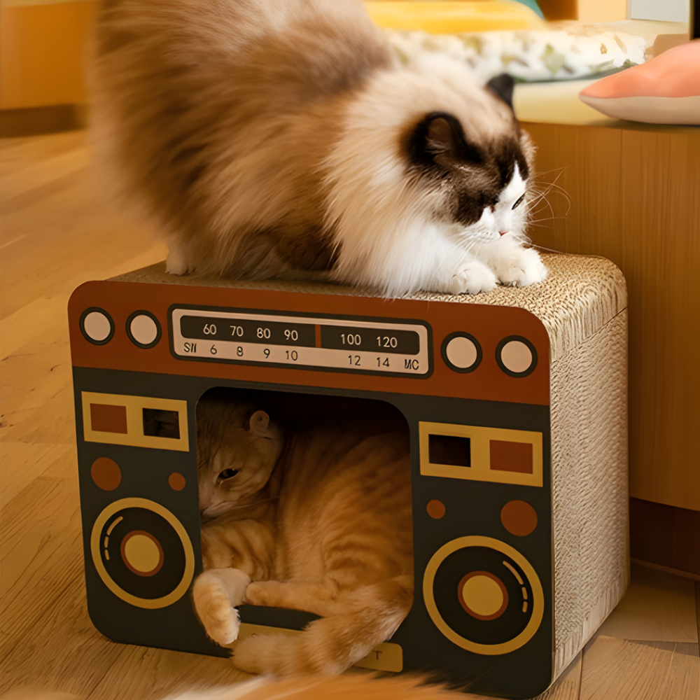 RetroDen Cardboard Cat Hideaway — Enclosed Lounge & Scratch Pad