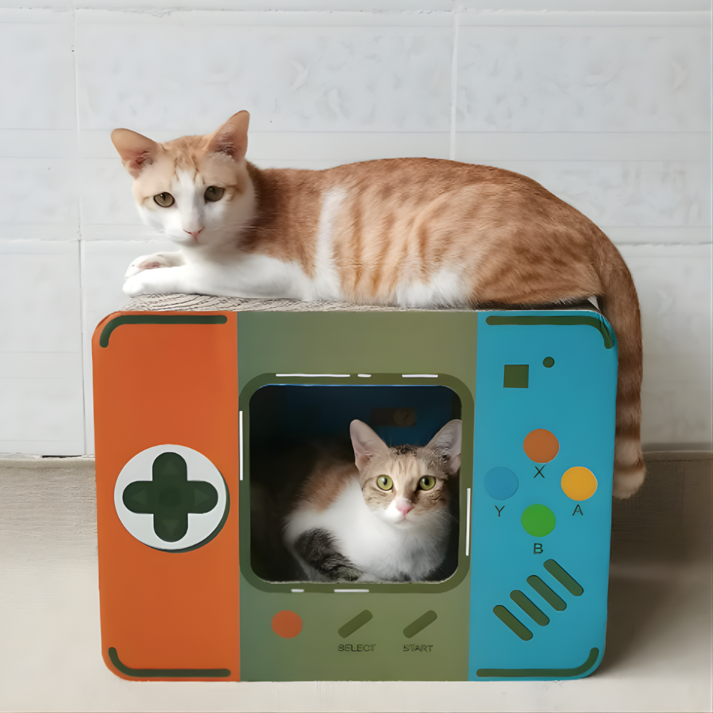 RetroDen Cardboard Cat Hideaway — Enclosed Lounge & Scratch Pad