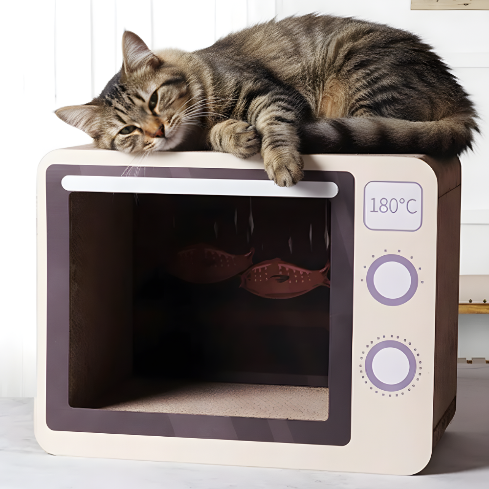 RetroDen Cardboard Cat Hideaway — Enclosed Lounge & Scratch Pad
