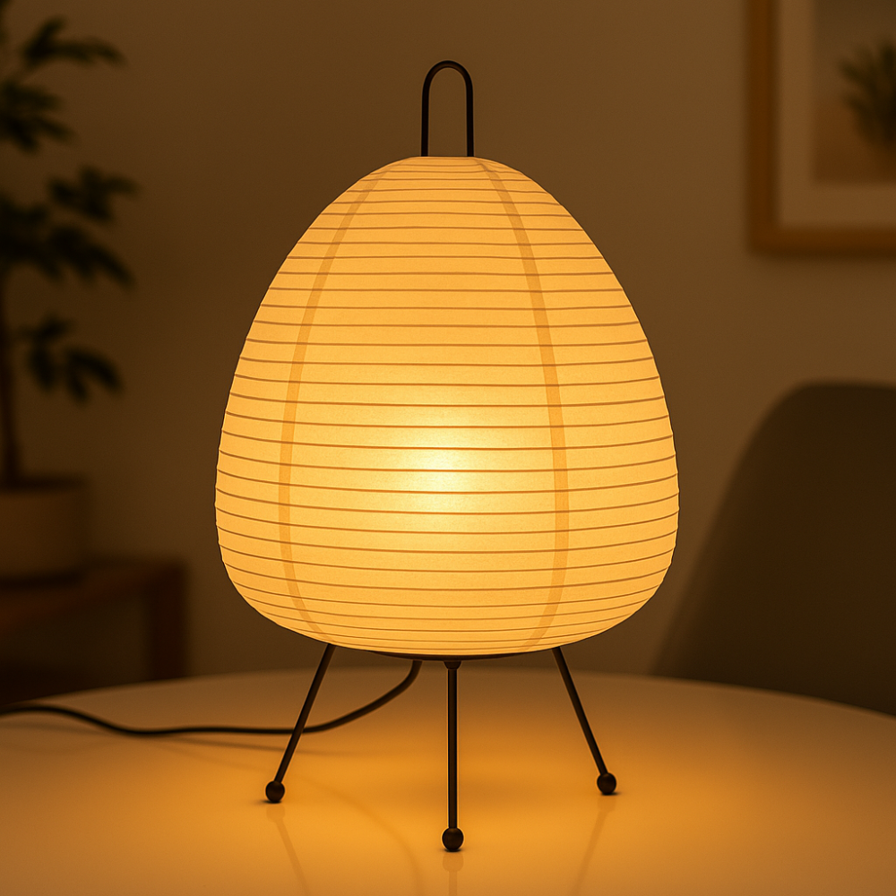 Minimalistická stolní lampa v japonském stylu — železná základna, stínidlo z rýžového papíru