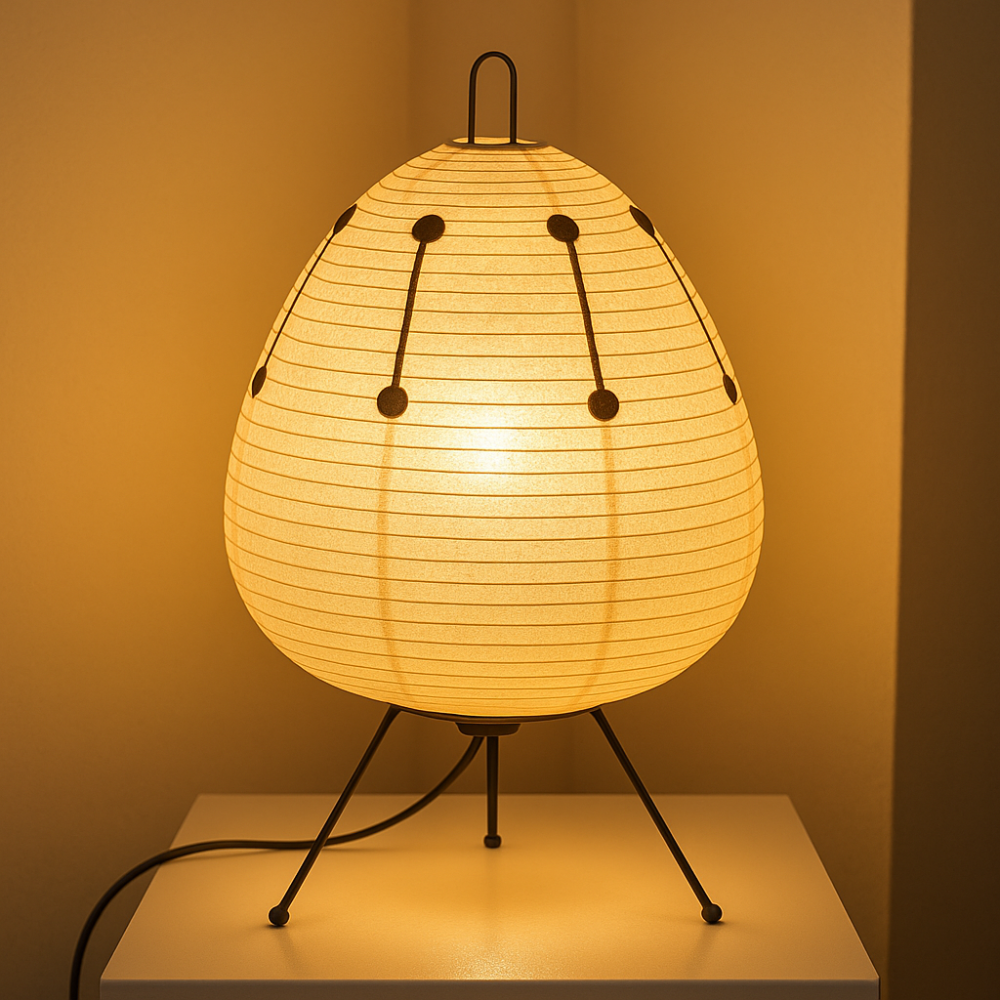 Minimalistická stolní lampa v japonském stylu — železná základna, stínidlo z rýžového papíru