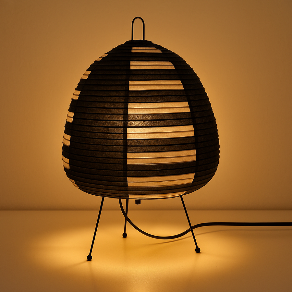 Minimalistická stolní lampa v japonském stylu — železná základna, stínidlo z rýžového papíru
