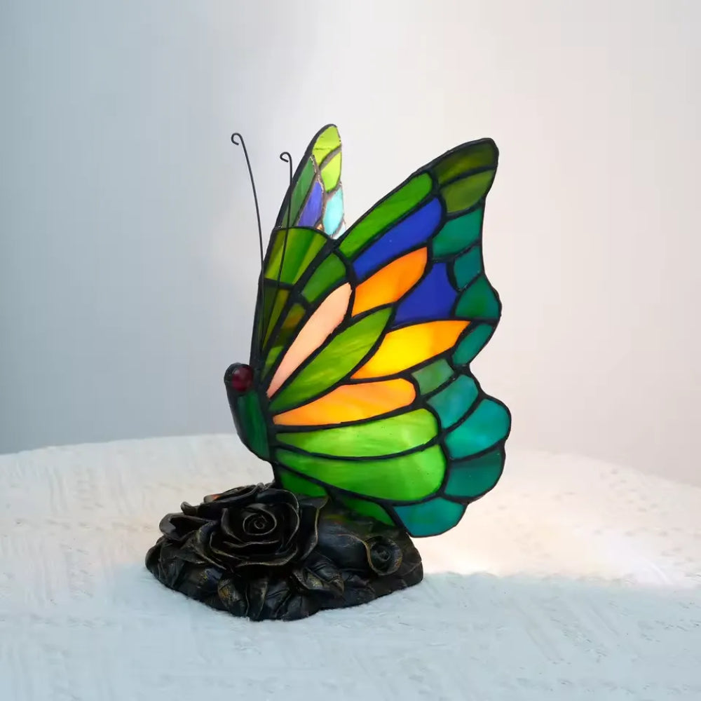 Vintage vlinder-tafellamp van glas-in-lood