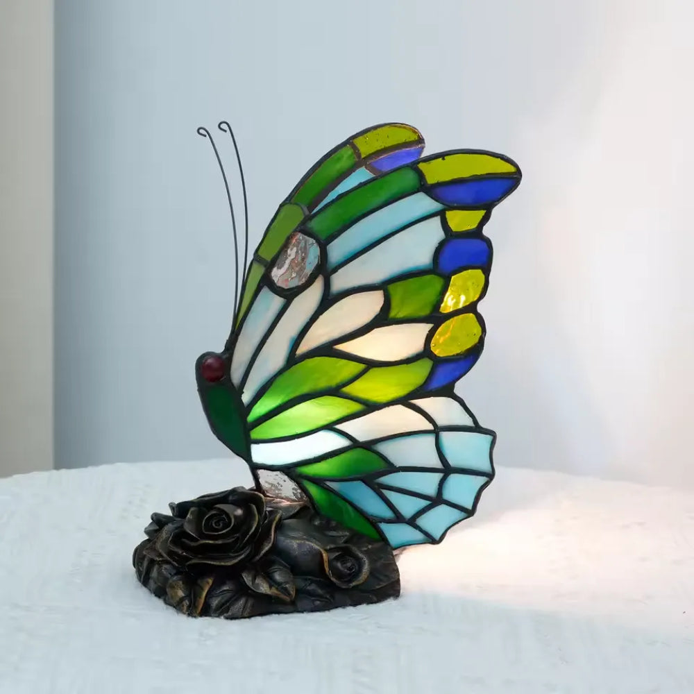 Vintage vlinder-tafellamp van glas-in-lood