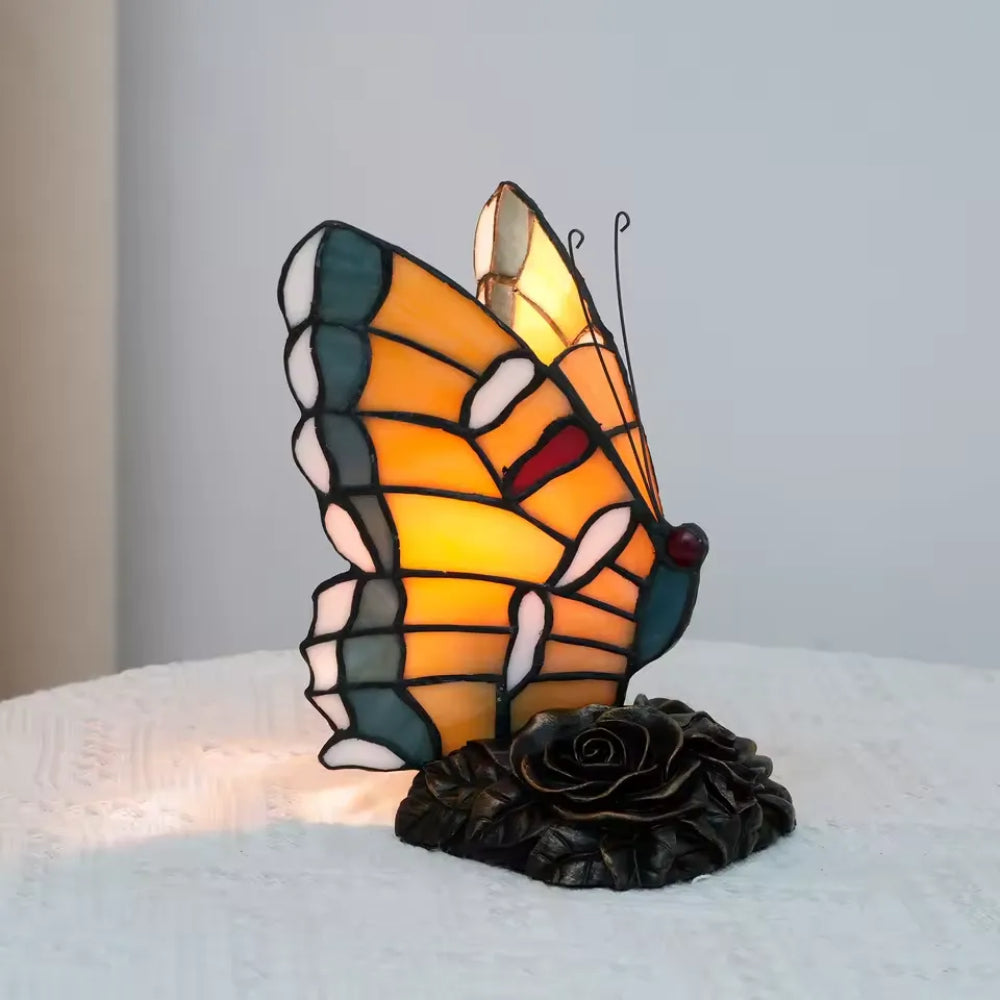 Vintage vlinder-tafellamp van glas-in-lood