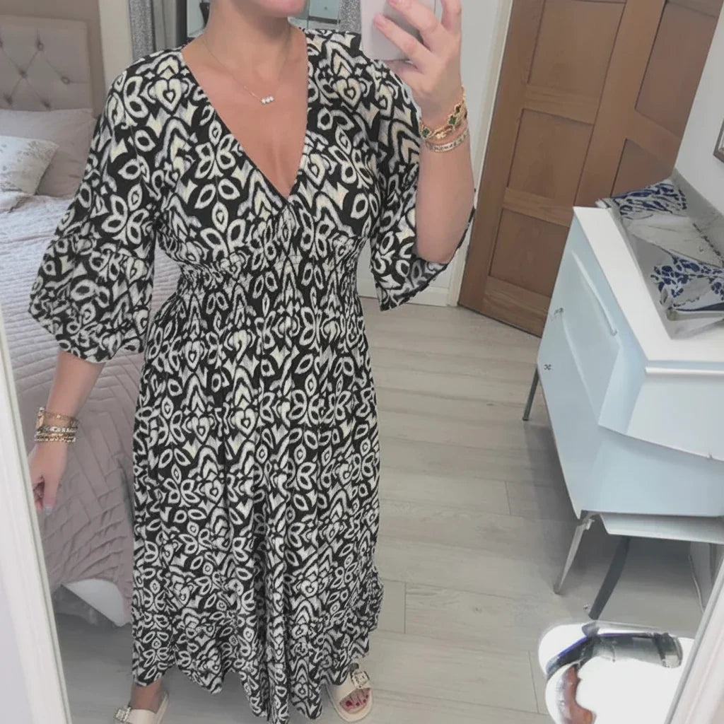 Vestido de verão boémio para mulher — corte descontraído de manga curta, decote em V
