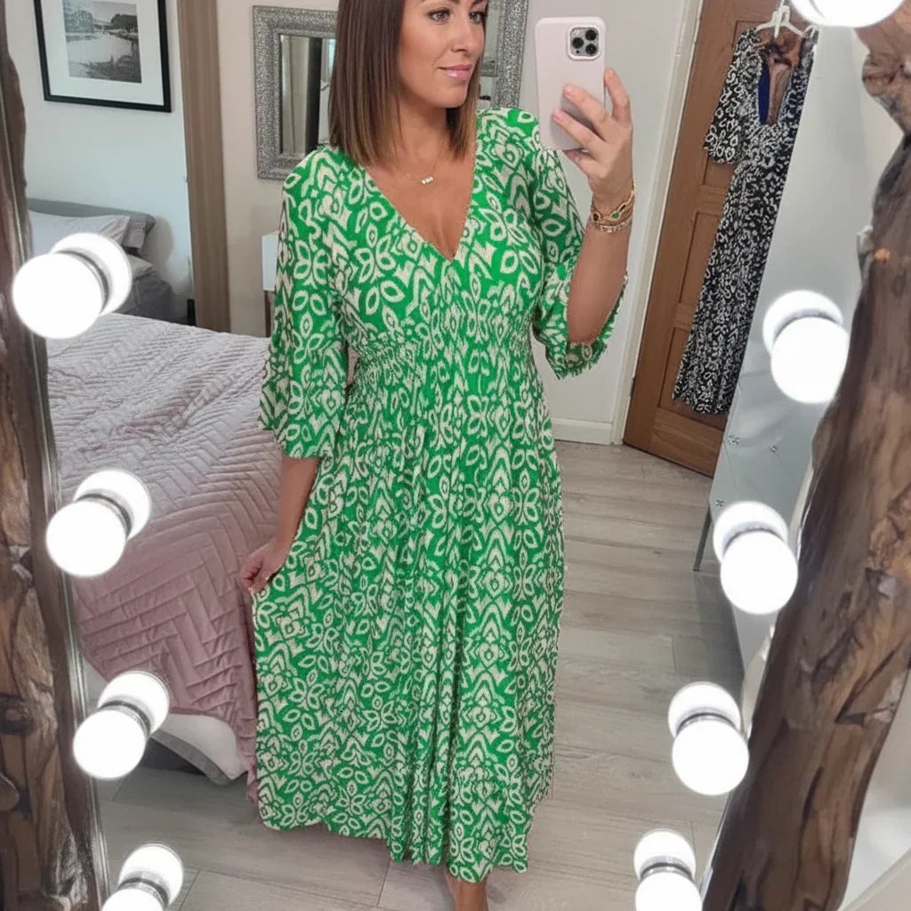 Vestido de verão boémio para mulher — corte descontraído de manga curta, decote em V