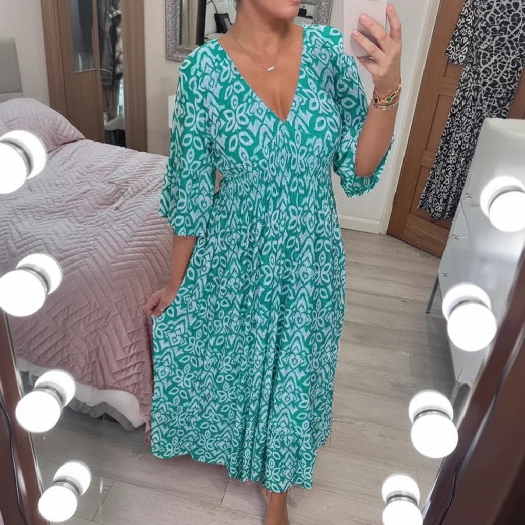 Vestido de verão boémio para mulher — corte descontraído de manga curta, decote em V