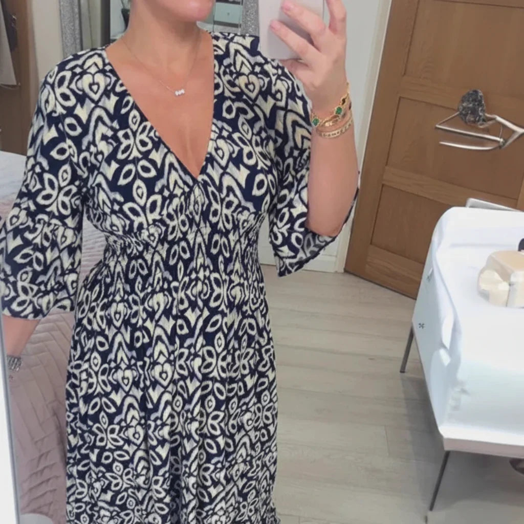 Vestido de verão boémio para mulher — corte descontraído de manga curta, decote em V