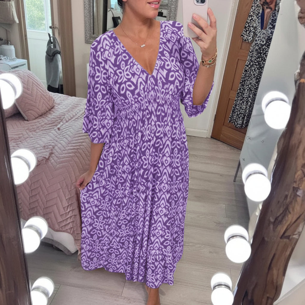 Vestido de verão boémio para mulher — corte descontraído de manga curta, decote em V