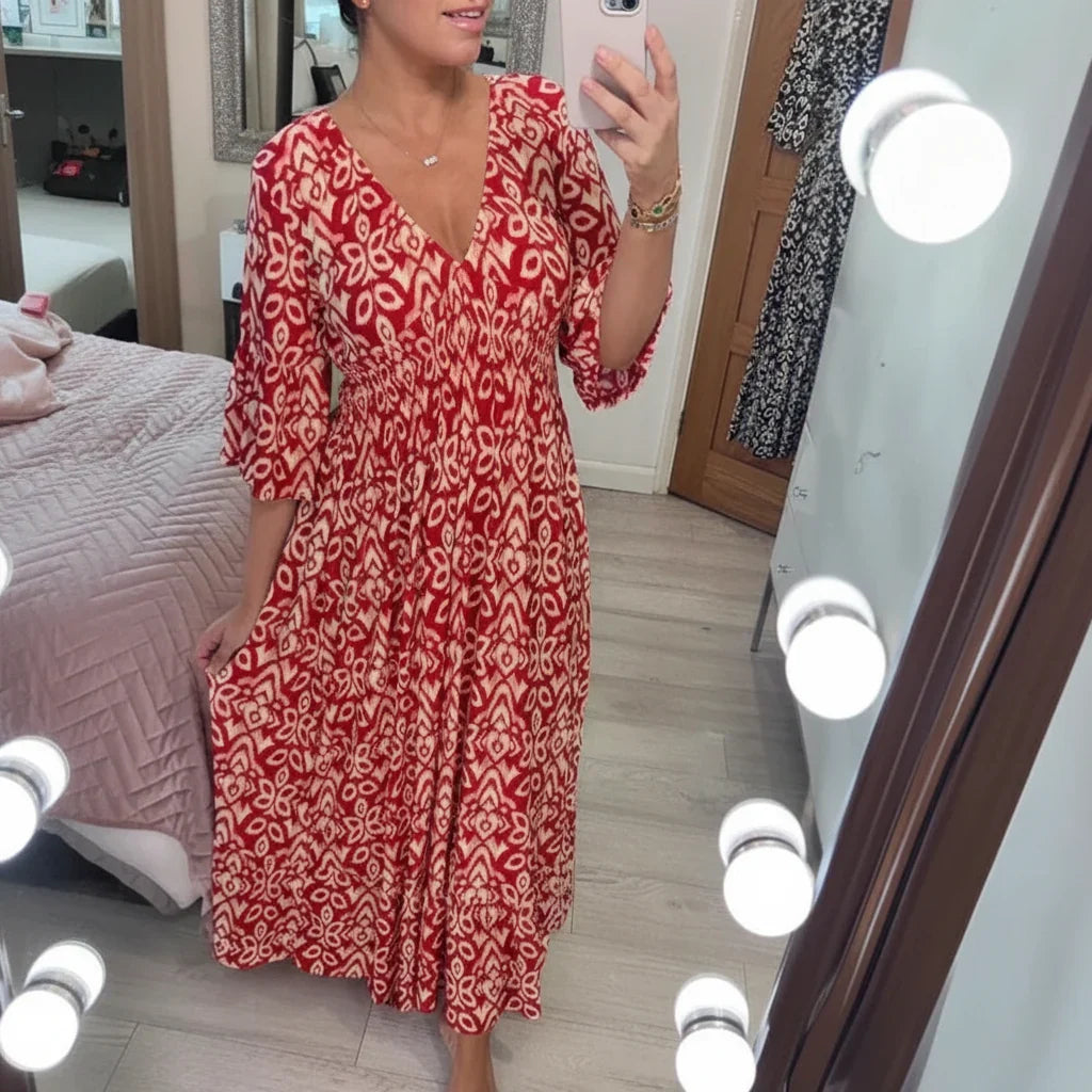 Vestido de verão boémio para mulher — corte descontraído de manga curta, decote em V
