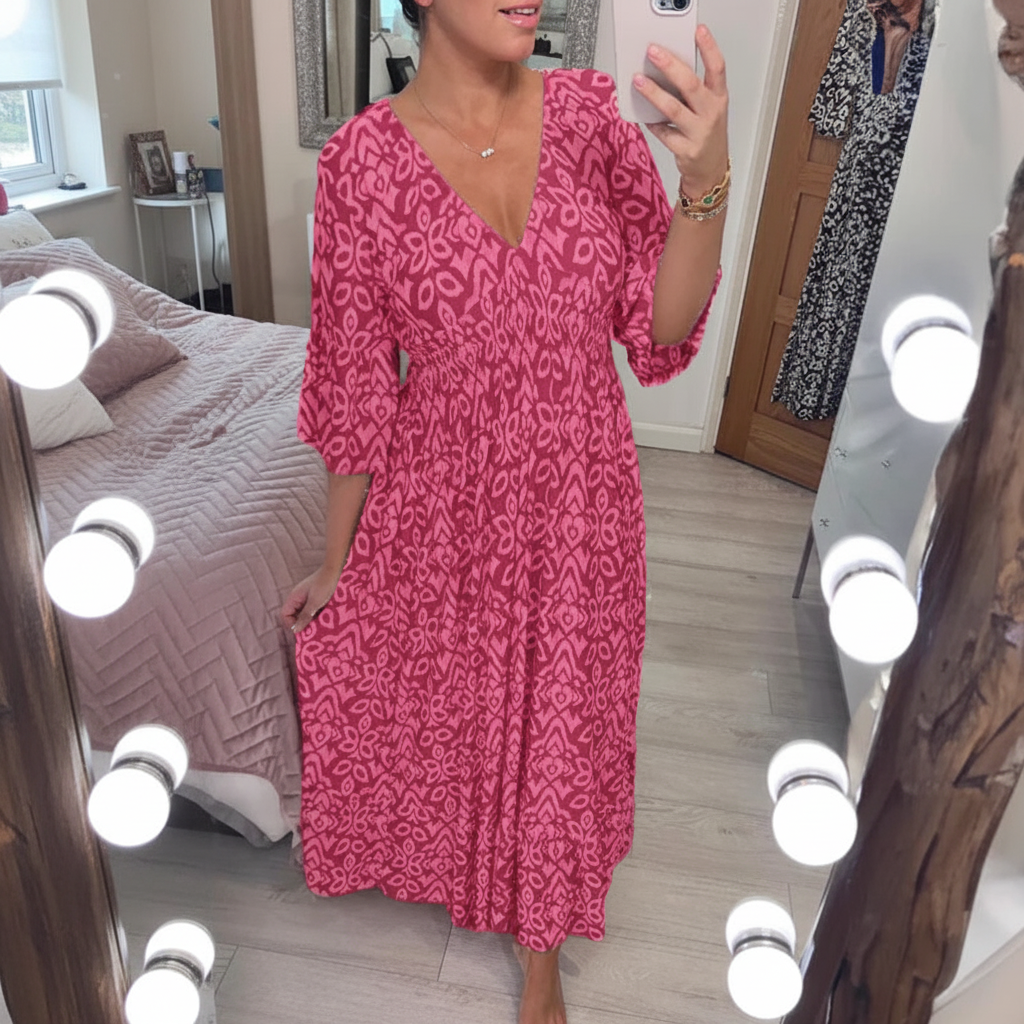 Vestido de verão boémio para mulher — corte descontraído de manga curta, decote em V