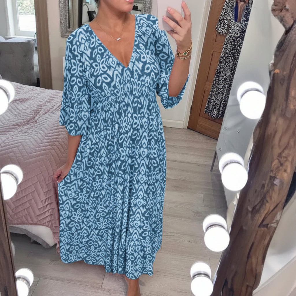 Vestido de verão boémio para mulher — corte descontraído de manga curta, decote em V