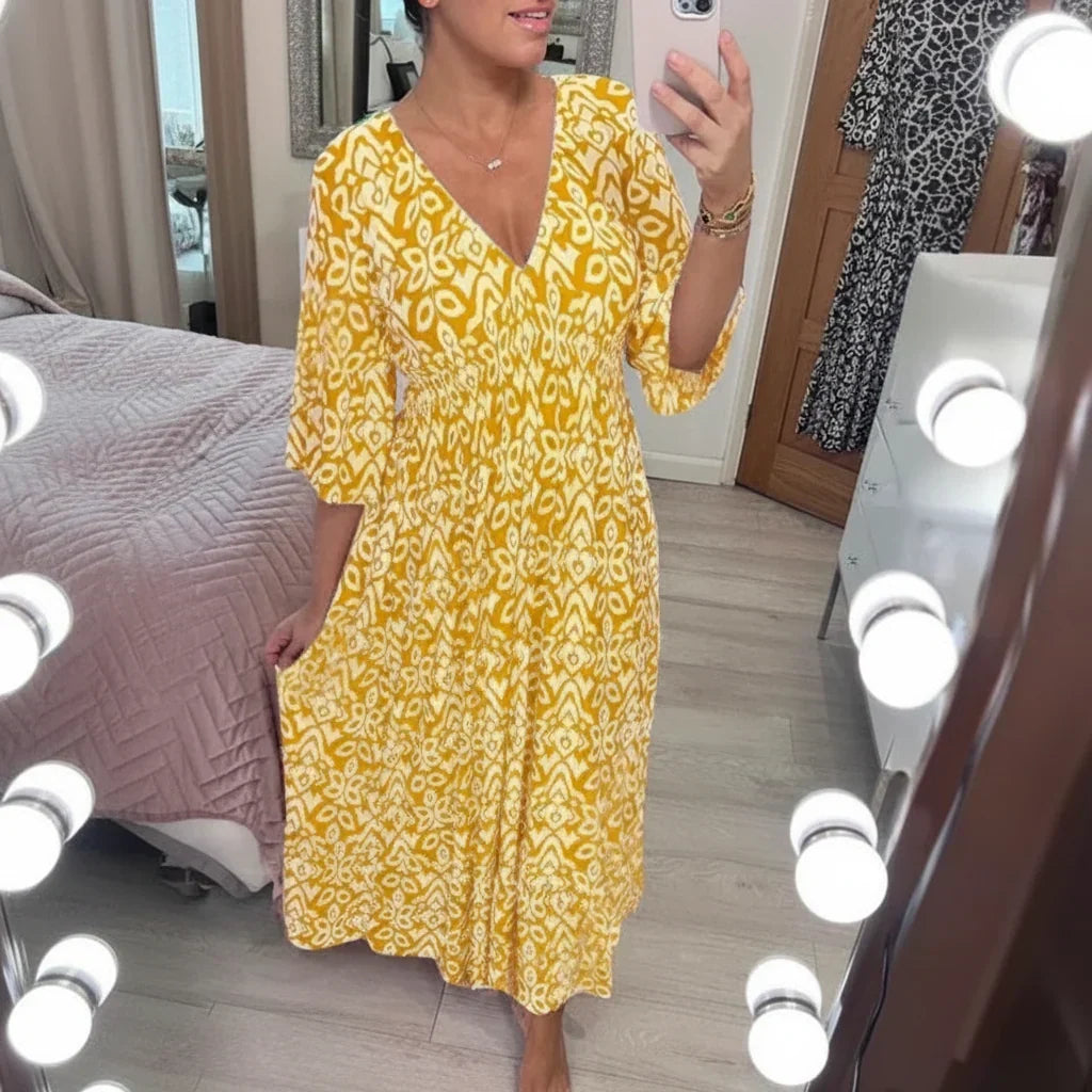 Vestido de verão boémio para mulher — corte descontraído de manga curta, decote em V