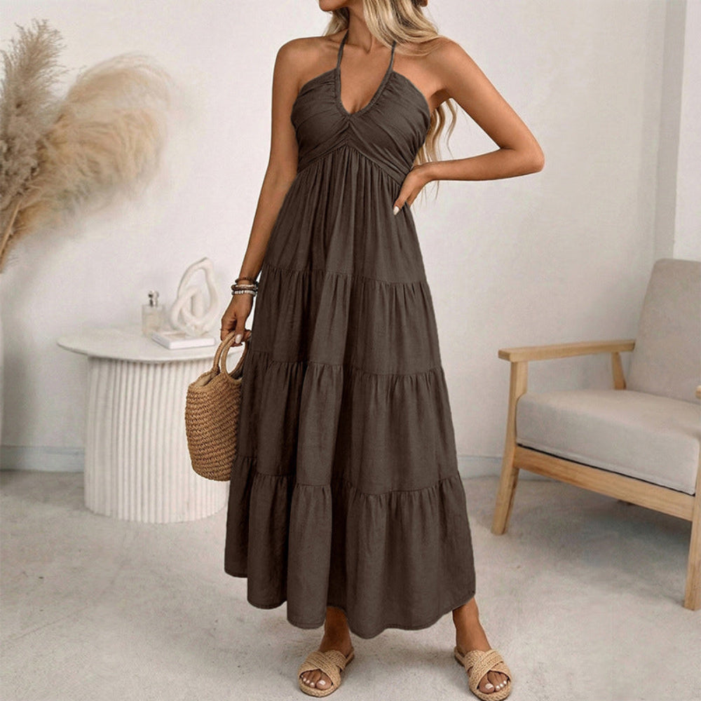 Vestido de verão com alças ao pescoço e saia em camadas para mulher — vestido de verão leve