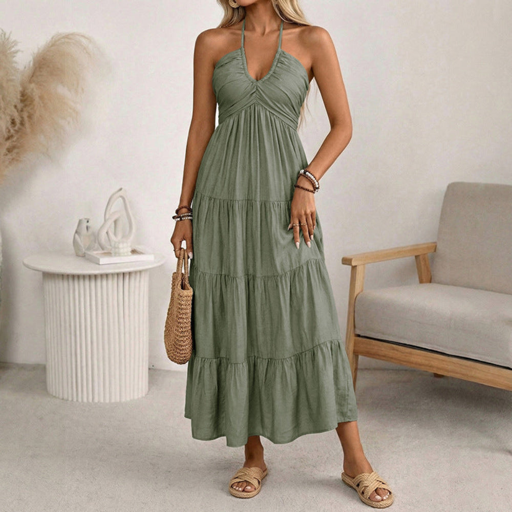 Vestido de verão com alças ao pescoço e saia em camadas para mulher — vestido de verão leve