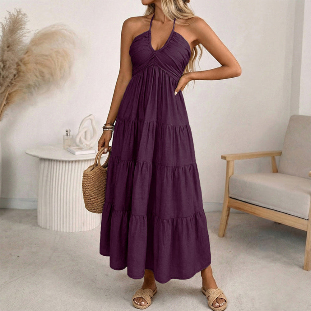 Vestido de verão com alças ao pescoço e saia em camadas para mulher — vestido de verão leve