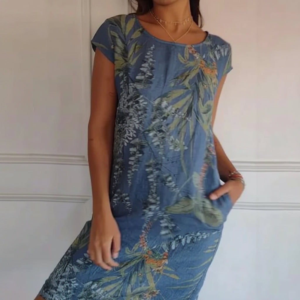 Vestido estampado de verão de manga curta para mulher — corte descontraído e fluido