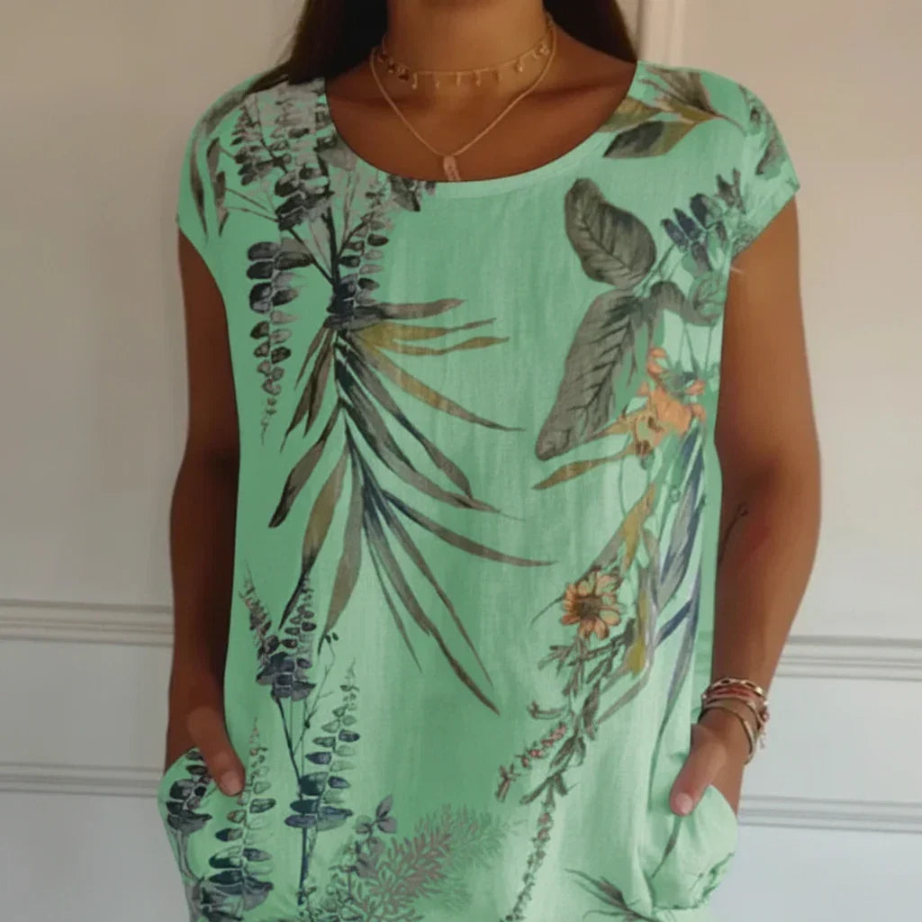 Vestido estampado de verão de manga curta para mulher — corte descontraído e fluido