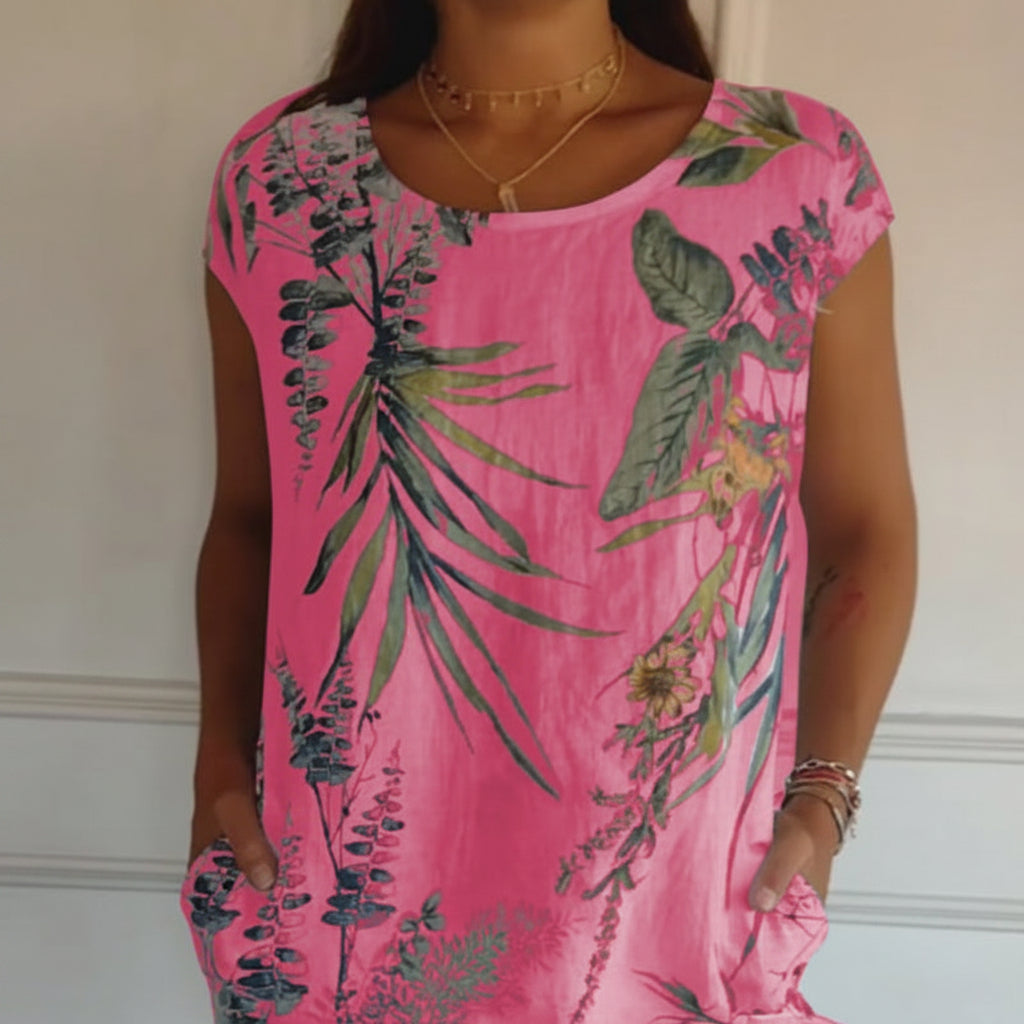 Vestido estampado de verão de manga curta para mulher — corte descontraído e fluido