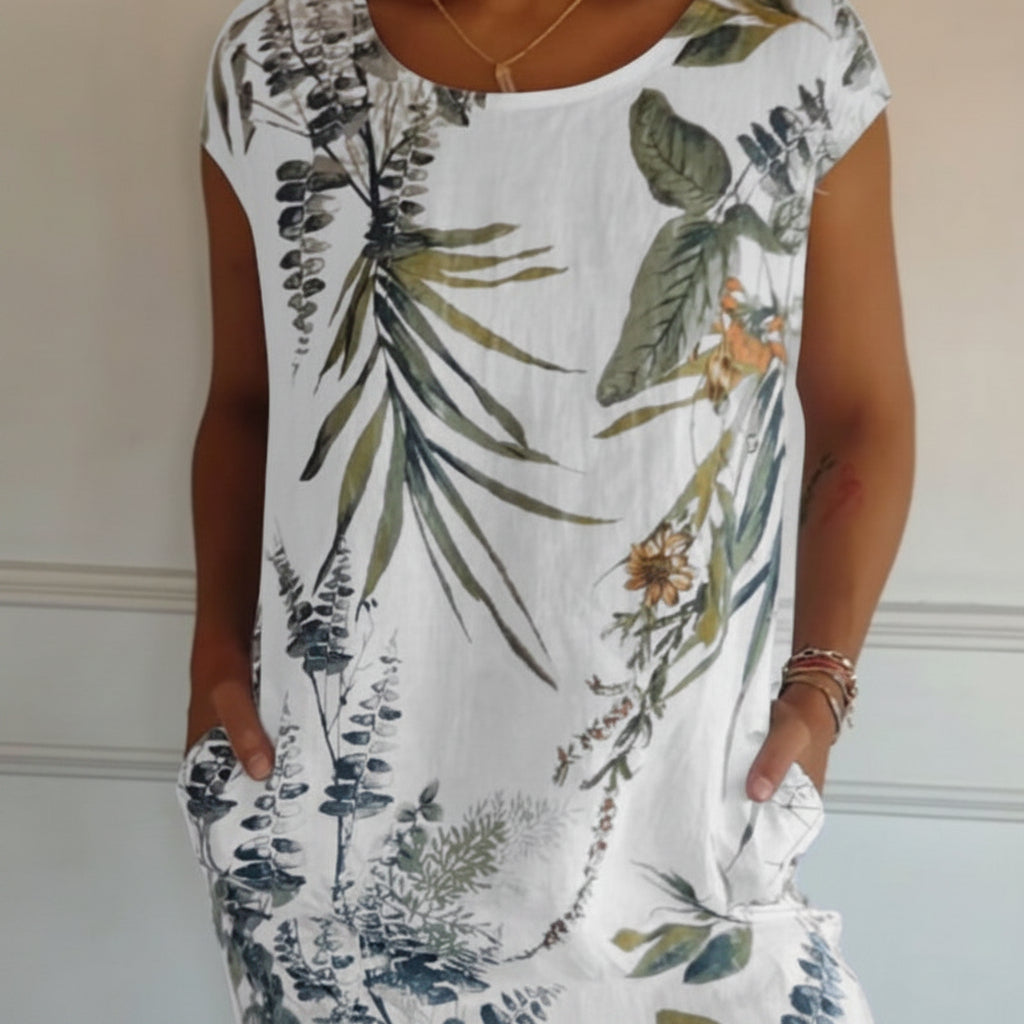 Vestido estampado de verão de manga curta para mulher — corte descontraído e fluido