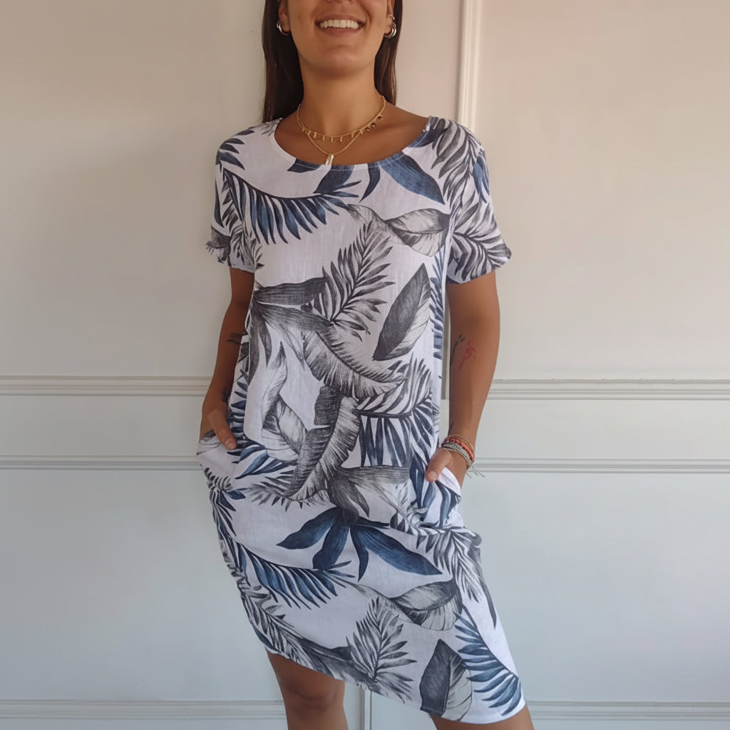 Vestido estampado de verão de manga curta para mulher — corte descontraído e fluido