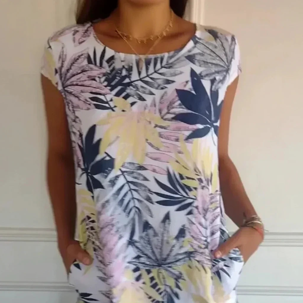 Vestido estampado de verão de manga curta para mulher — corte descontraído e fluido
