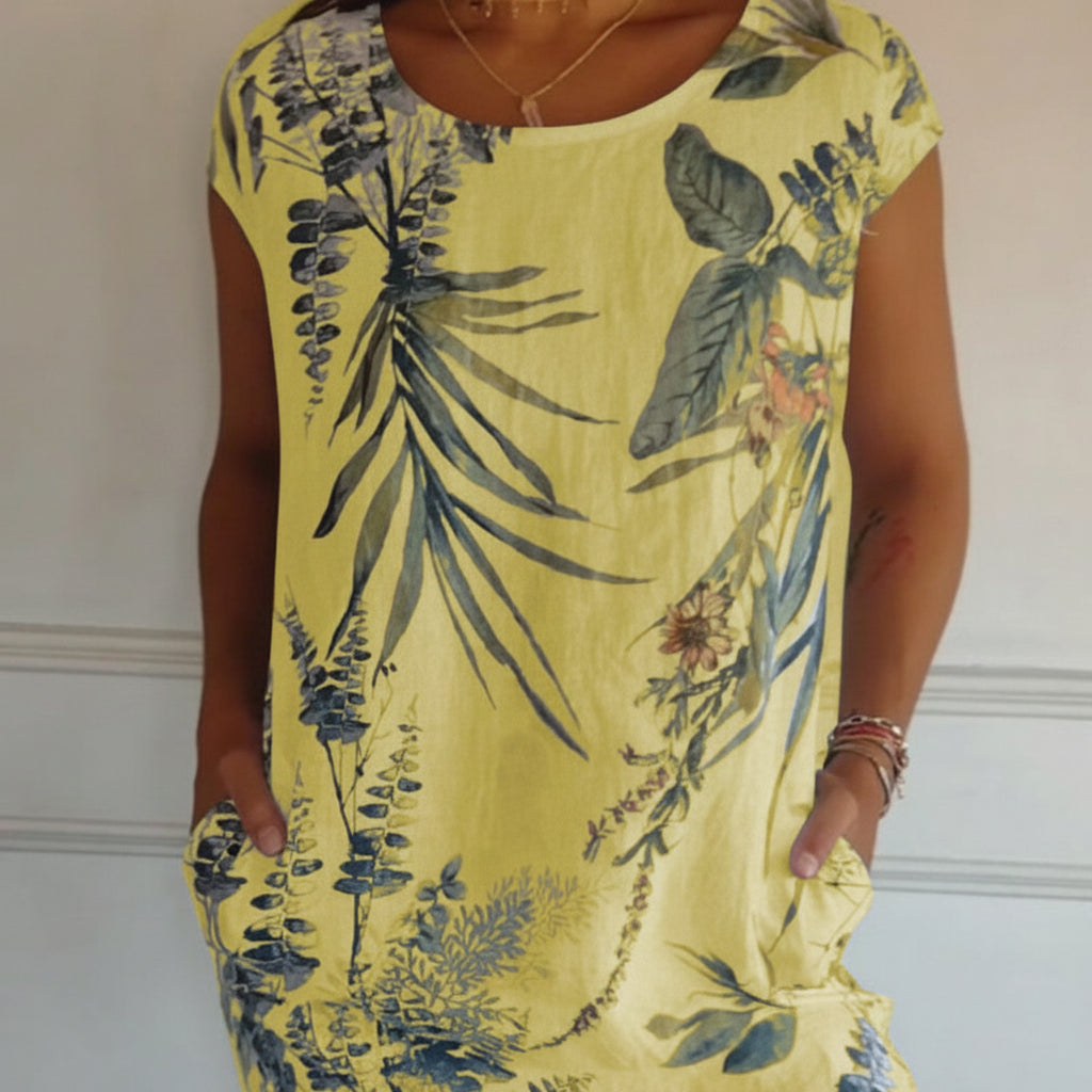 Vestido estampado de verão de manga curta para mulher — corte descontraído e fluido