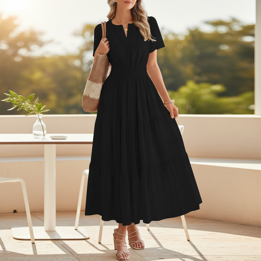 Vestido comprido casual de corte direito para mulher — silhueta longa de verão
