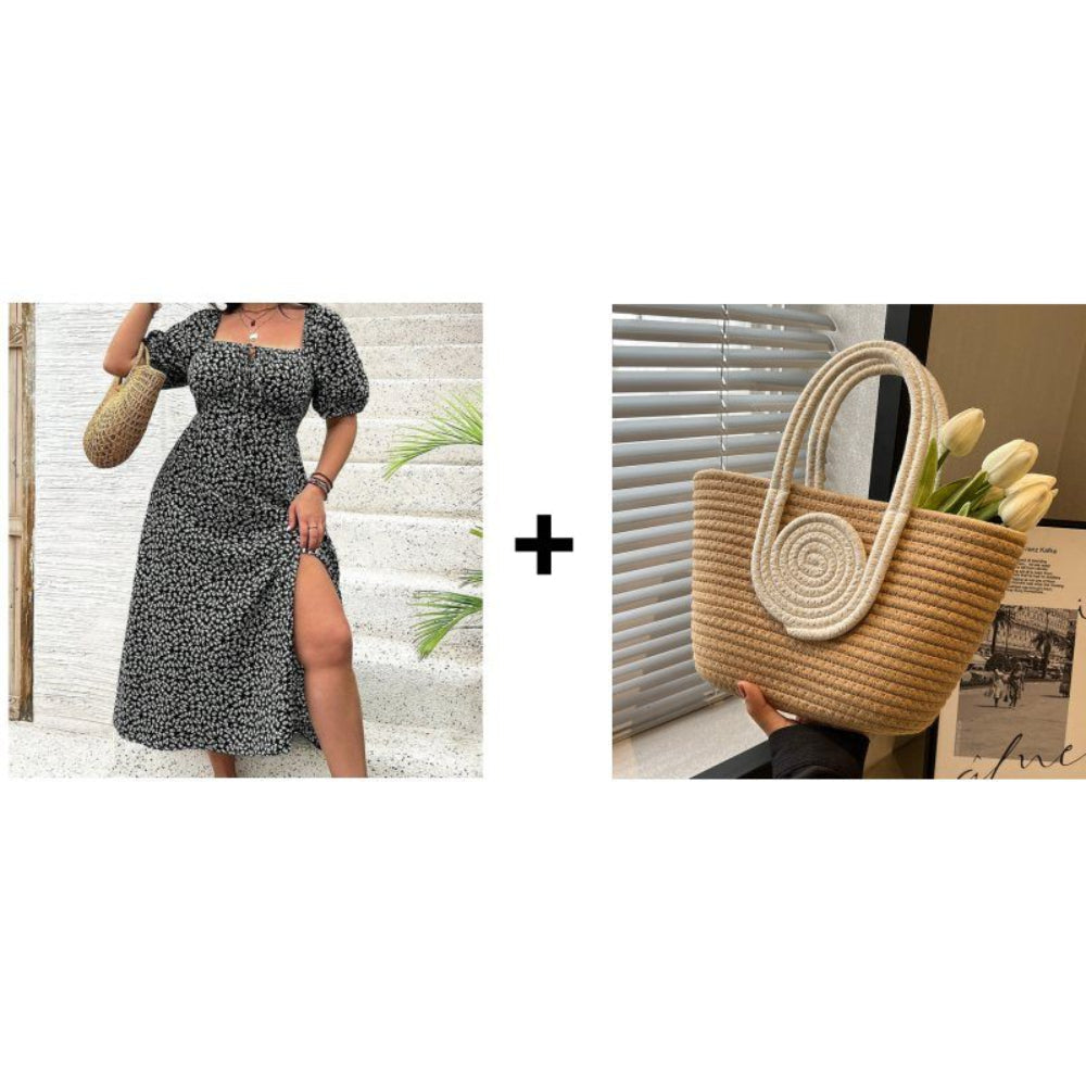 Vestido floral de manga curta para mulher — corte descontraído, aberturas laterais