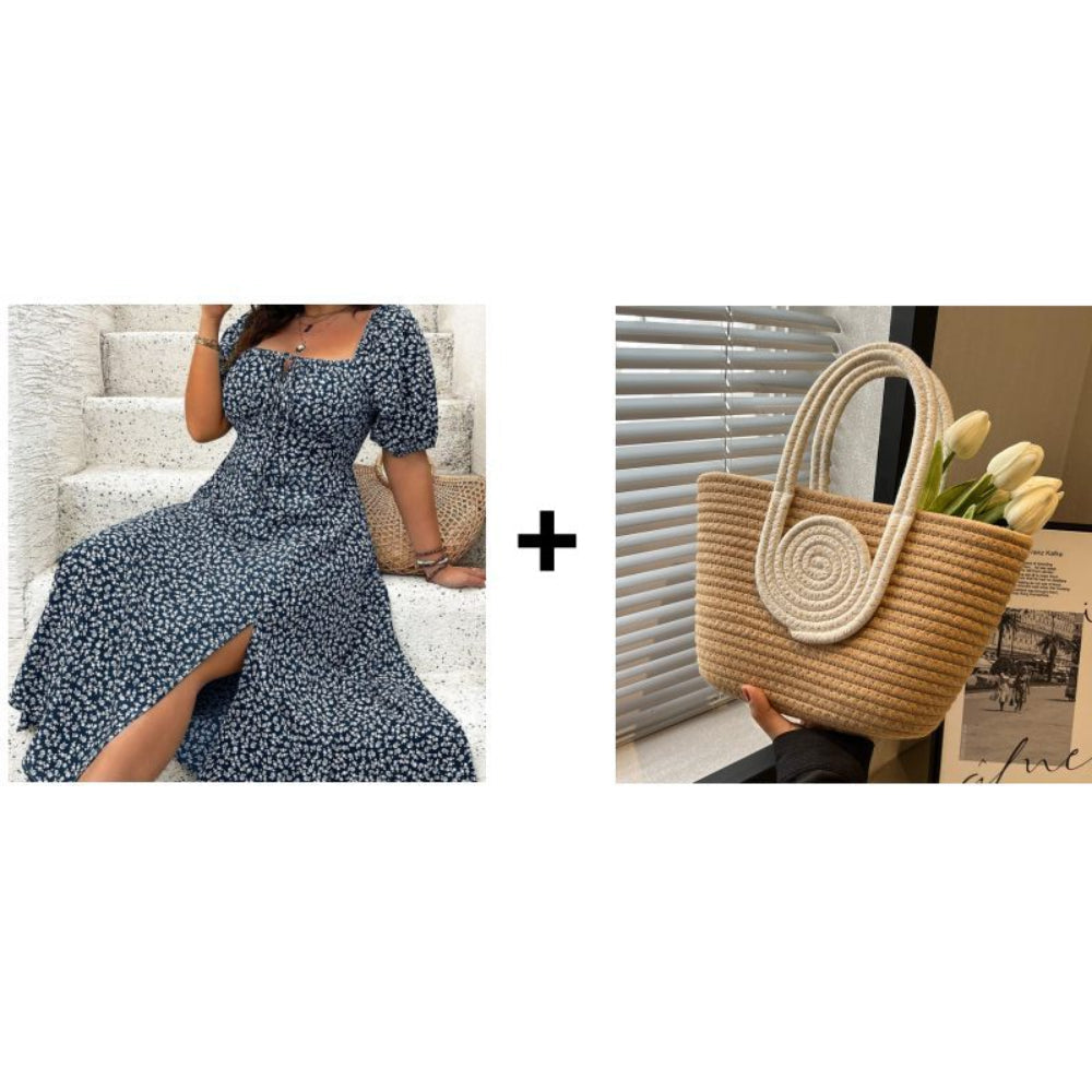 Vestido floral de manga curta para mulher — corte descontraído, aberturas laterais