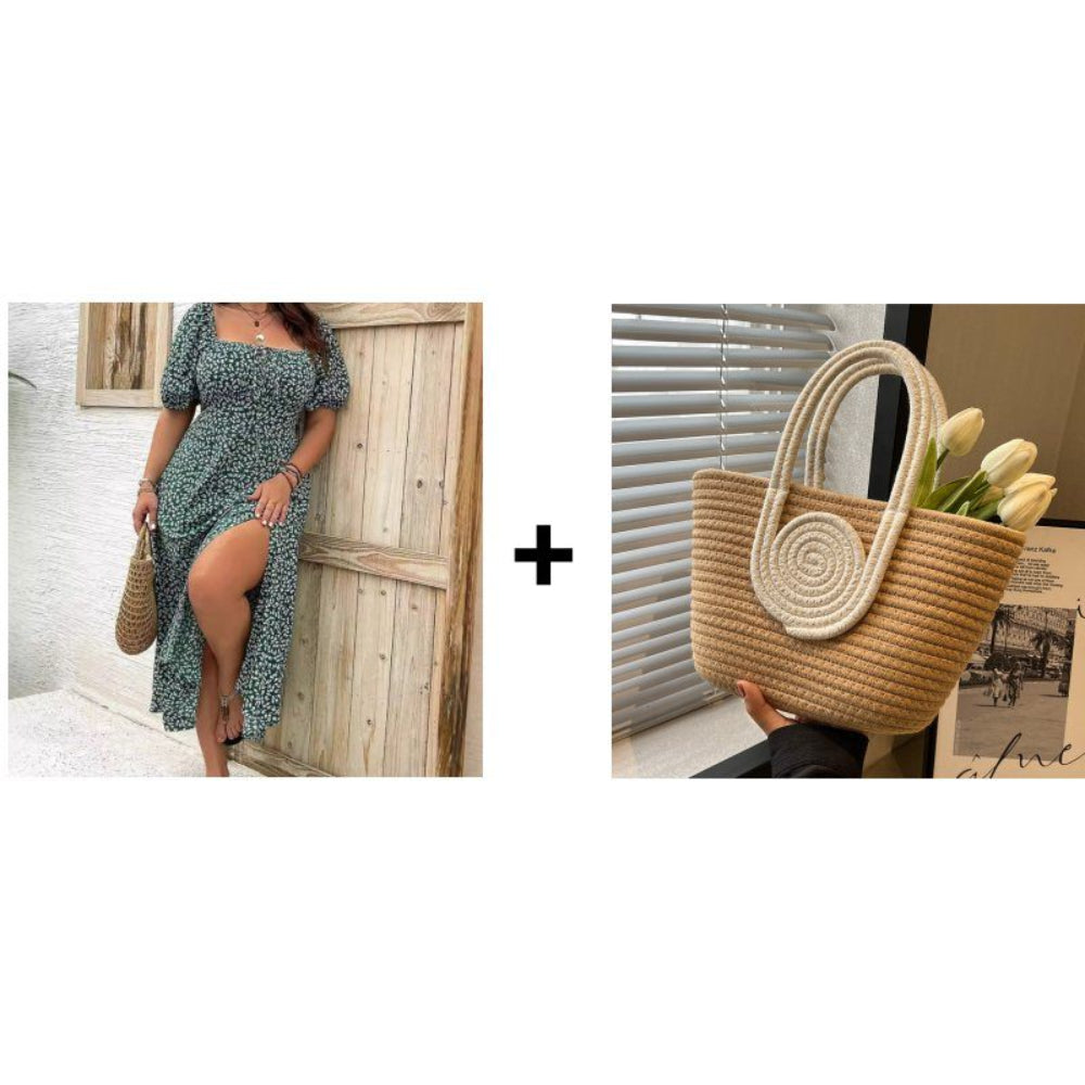 Vestido floral de manga curta para mulher — corte descontraído, aberturas laterais