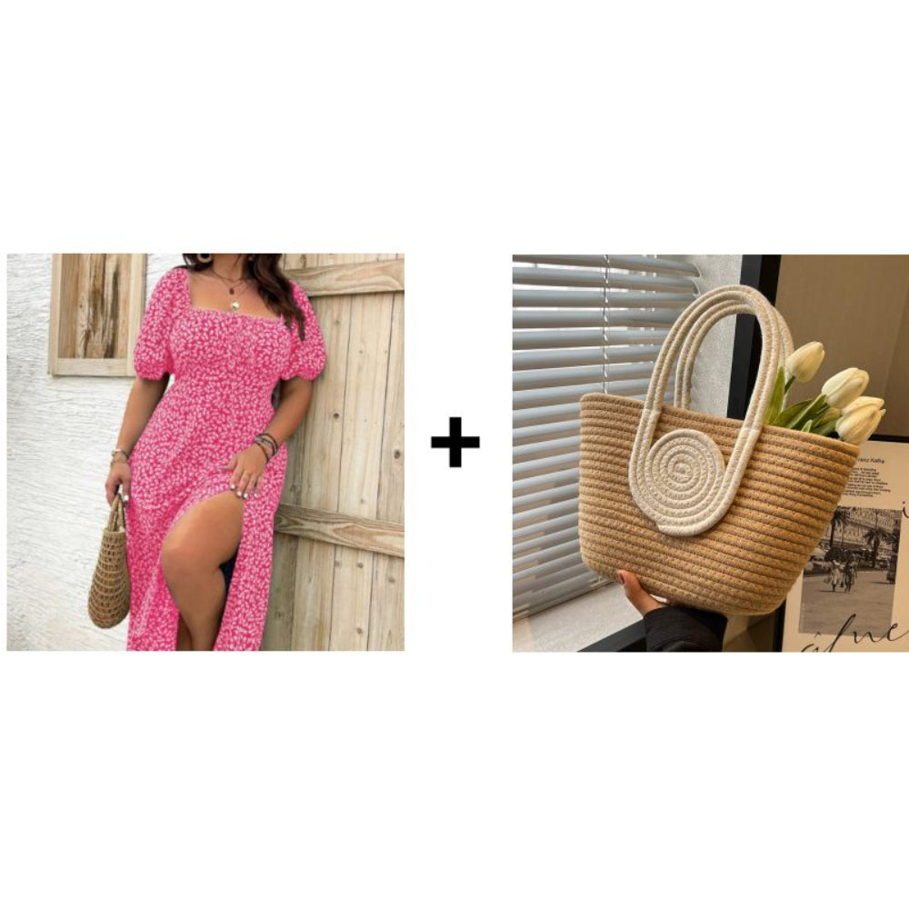 Vestido floral de manga curta para mulher — corte descontraído, aberturas laterais