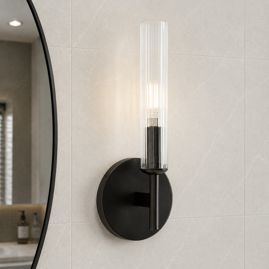 Bravira Glass Tube Wall Sconce - Classic Ribbed Brass Tube Lighting | Esilora