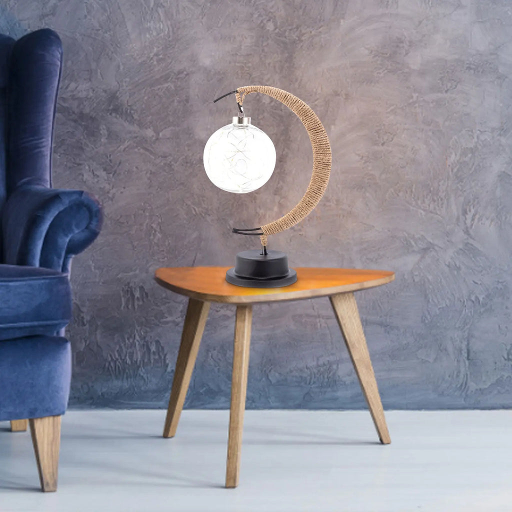 Stolní LED lampa ze skla - napájená bateriemi, srpek měsíce a zavěšená koule
